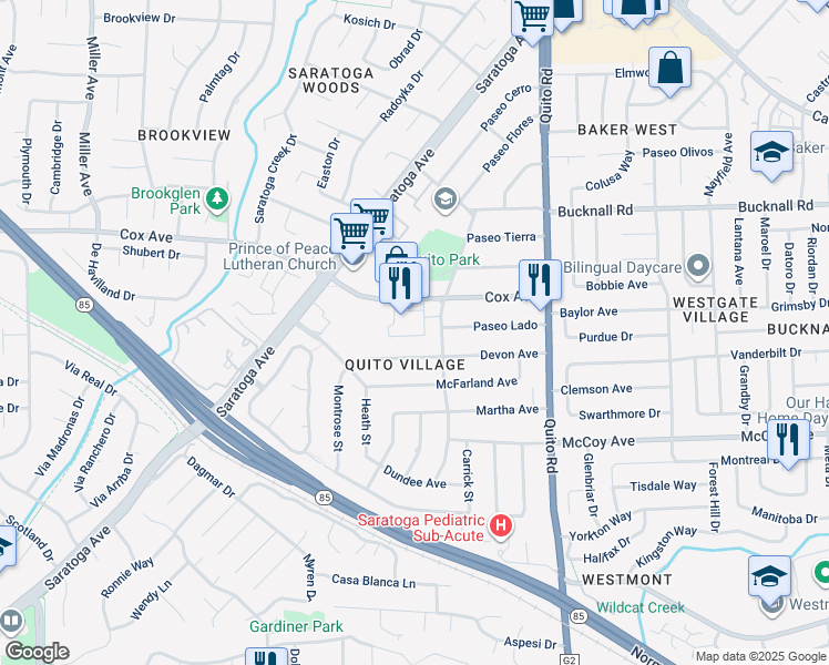 map of restaurants, bars, coffee shops, grocery stores, and more near 10925 Elm Circle in Saratoga