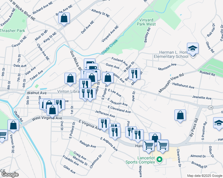 map of restaurants, bars, coffee shops, grocery stores, and more near 322 East Lee Avenue in Vinton