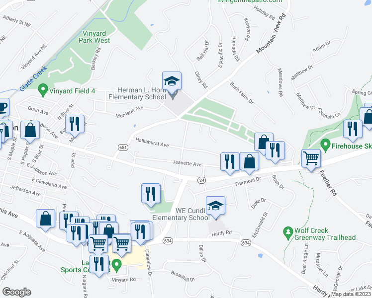 map of restaurants, bars, coffee shops, grocery stores, and more near 1103 Halliahurst Avenue in Vinton