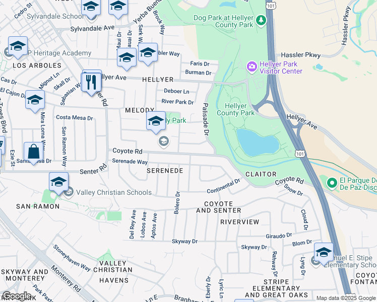 map of restaurants, bars, coffee shops, grocery stores, and more near 599 Coyote Road in San Jose