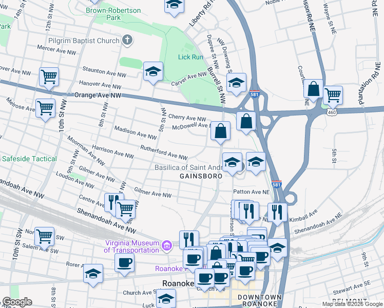 map of restaurants, bars, coffee shops, grocery stores, and more near 303 Rutherford Avenue Northwest in Roanoke