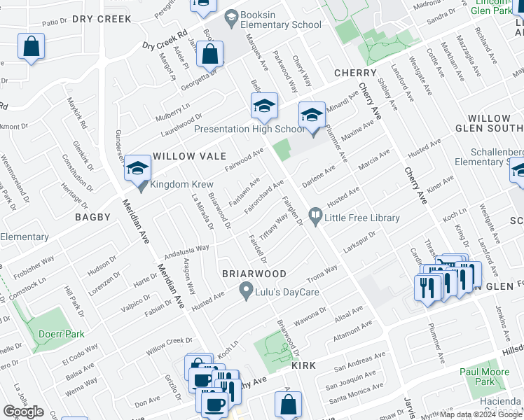 map of restaurants, bars, coffee shops, grocery stores, and more near 1637 Andalusia Way in San Jose