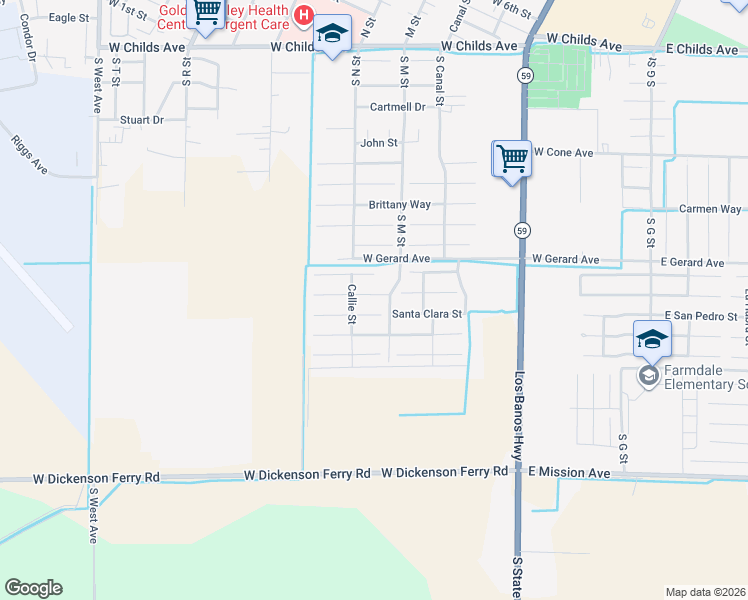 map of restaurants, bars, coffee shops, grocery stores, and more near 592 Raquel Court in Merced