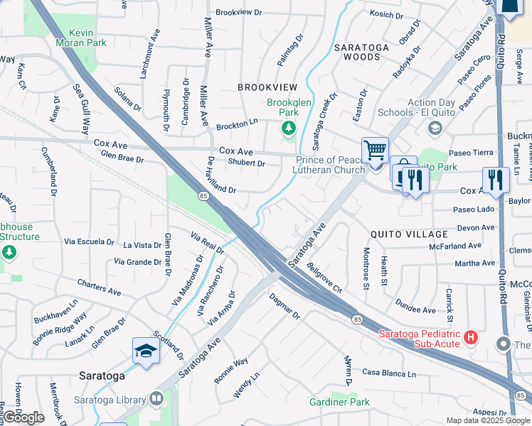 map of restaurants, bars, coffee shops, grocery stores, and more near 19403 Vineyard Lane in Saratoga