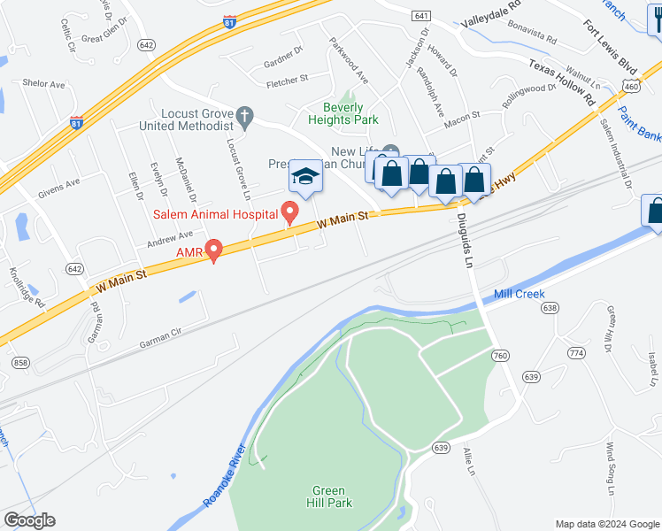 map of restaurants, bars, coffee shops, grocery stores, and more near 3114 West Main Street in Salem
