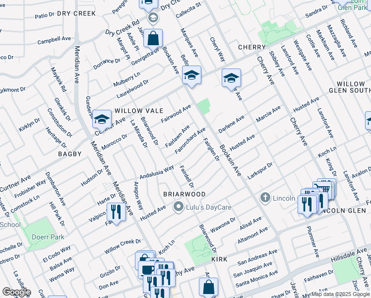 map of restaurants, bars, coffee shops, grocery stores, and more near 1644 Fairorchard Avenue in San Jose