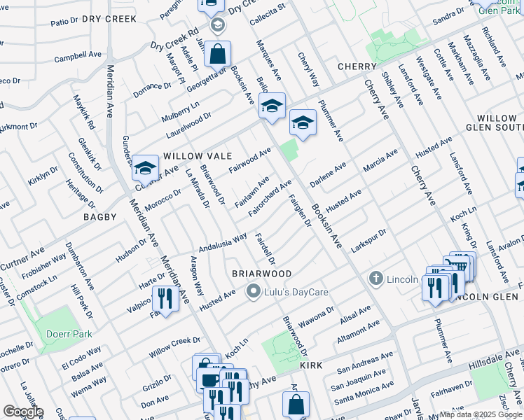 map of restaurants, bars, coffee shops, grocery stores, and more near 1644 Fairorchard Avenue in San Jose