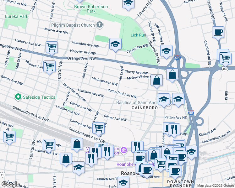 map of restaurants, bars, coffee shops, grocery stores, and more near 430 Rutherford Avenue Northwest in Roanoke