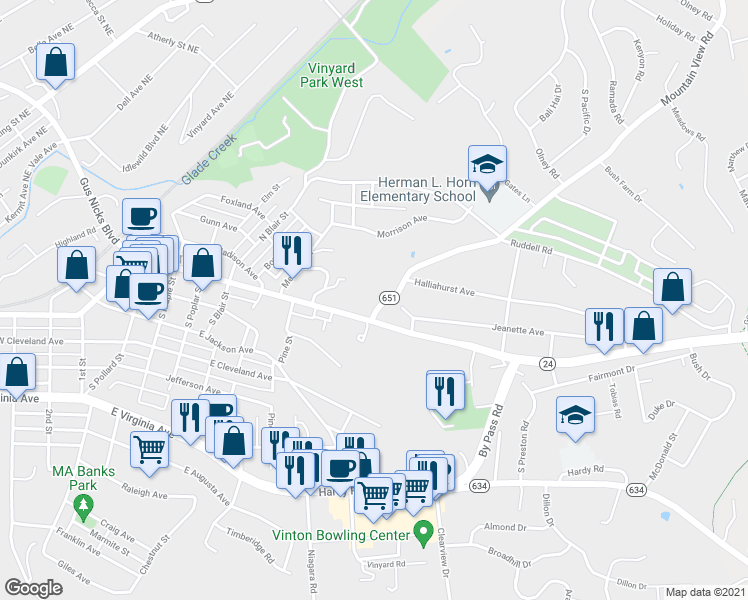 map of restaurants, bars, coffee shops, grocery stores, and more near 924 Mountain View Road in Vinton