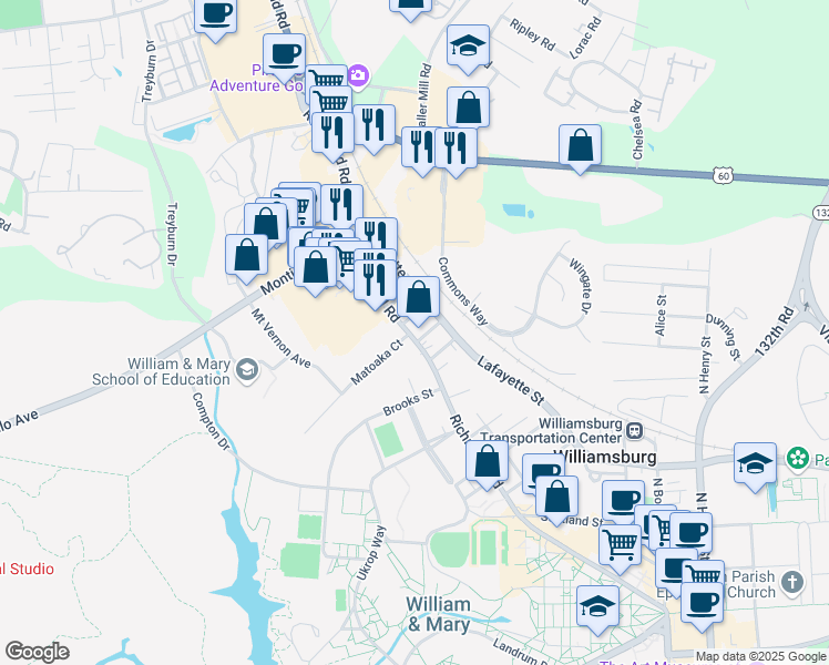 map of restaurants, bars, coffee shops, grocery stores, and more near 971 Richmond Road in Williamsburg