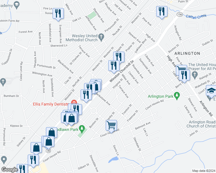 map of restaurants, bars, coffee shops, grocery stores, and more near 3118 Winston Churchill Drive in Hopewell