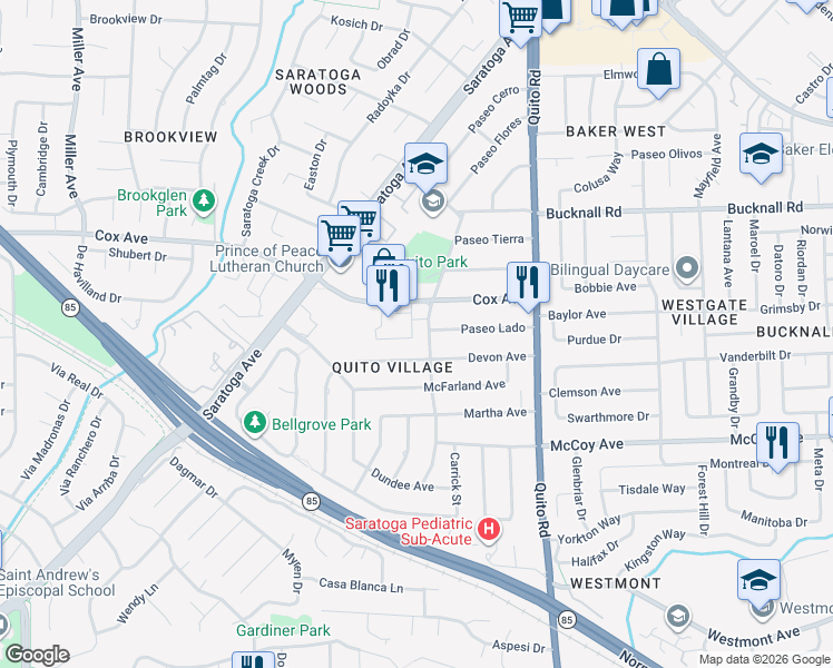 map of restaurants, bars, coffee shops, grocery stores, and more near 10330 Elm Circle in Saratoga