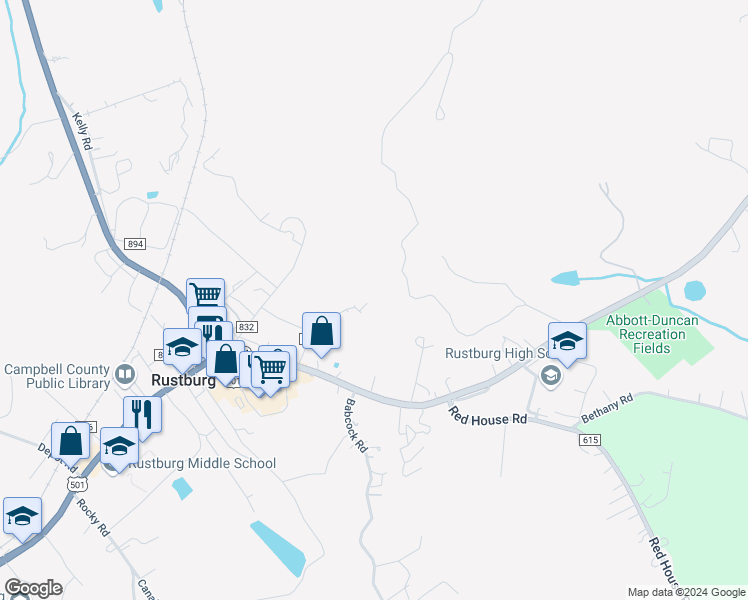 map of restaurants, bars, coffee shops, grocery stores, and more near 230 Gold Dust Trail in Rustburg