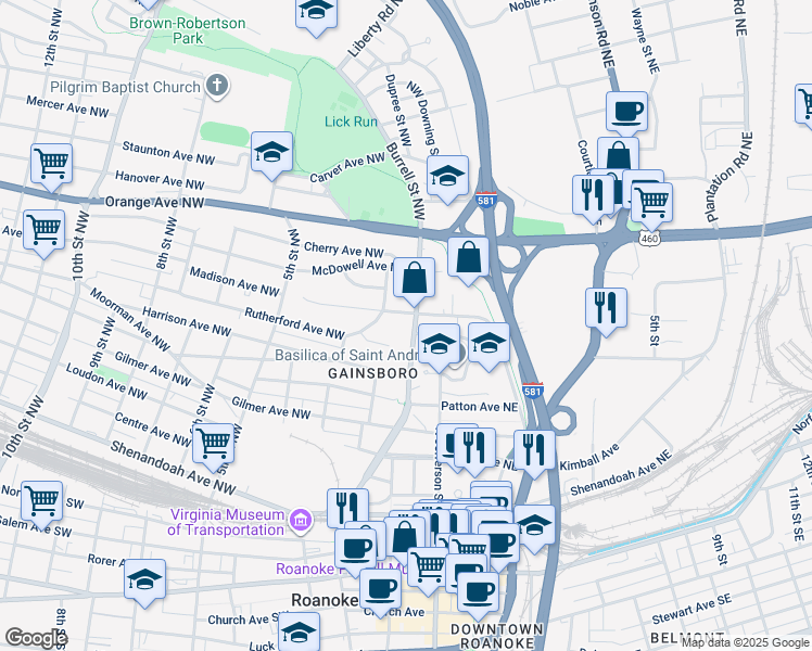 map of restaurants, bars, coffee shops, grocery stores, and more near 204 Madison Avenue Northwest in Roanoke