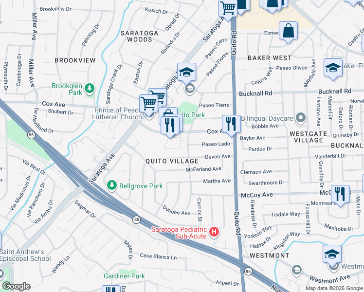 map of restaurants, bars, coffee shops, grocery stores, and more near 10330 Elm Circle in Saratoga