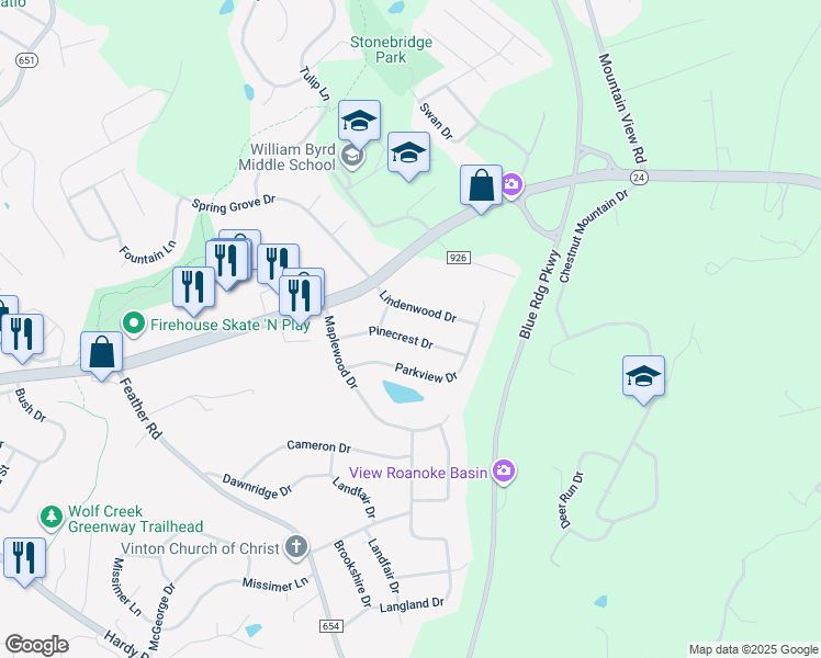 map of restaurants, bars, coffee shops, grocery stores, and more near 2626 Pinecrest Drive in Vinton