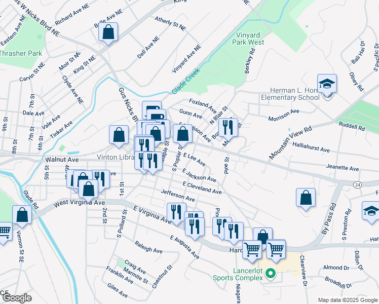map of restaurants, bars, coffee shops, grocery stores, and more near 322 East Lee Avenue in Vinton