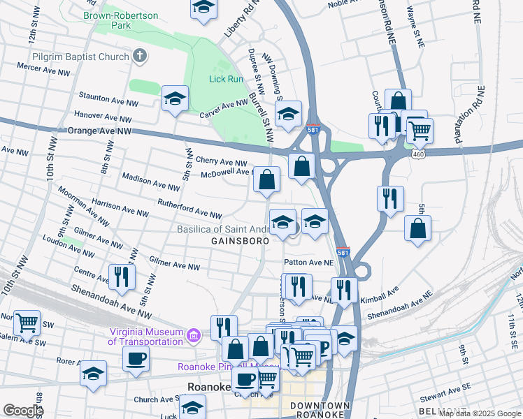 map of restaurants, bars, coffee shops, grocery stores, and more near 204 Madison Avenue Northwest in Roanoke