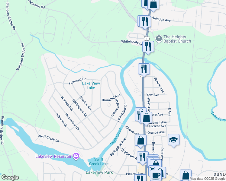 map of restaurants, bars, coffee shops, grocery stores, and more near 1005 Lakewood Drive in Colonial Heights