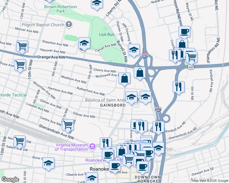 map of restaurants, bars, coffee shops, grocery stores, and more near 218 Madison Avenue Northwest in Roanoke