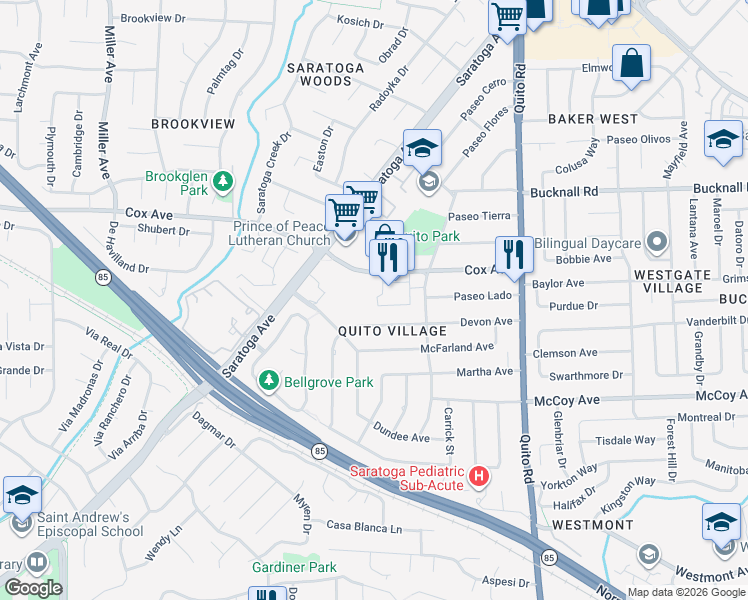 map of restaurants, bars, coffee shops, grocery stores, and more near 10730 Elm Circle in Saratoga