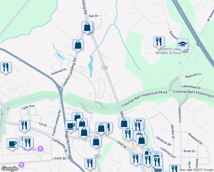 map of restaurants, bars, coffee shops, grocery stores, and more near 256 Zelkova Road in Williamsburg