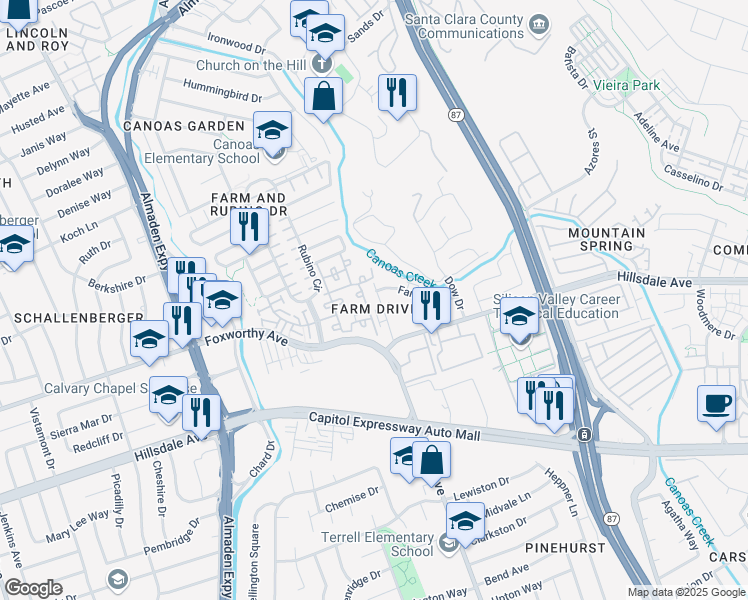 map of restaurants, bars, coffee shops, grocery stores, and more near 3075 Pearl Avenue in San Jose