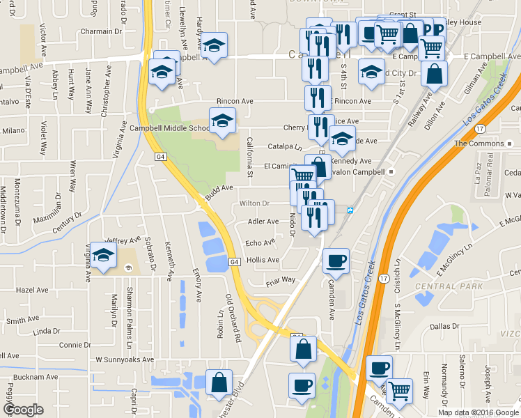 map of restaurants, bars, coffee shops, grocery stores, and more near 174 Wilton Drive in Campbell