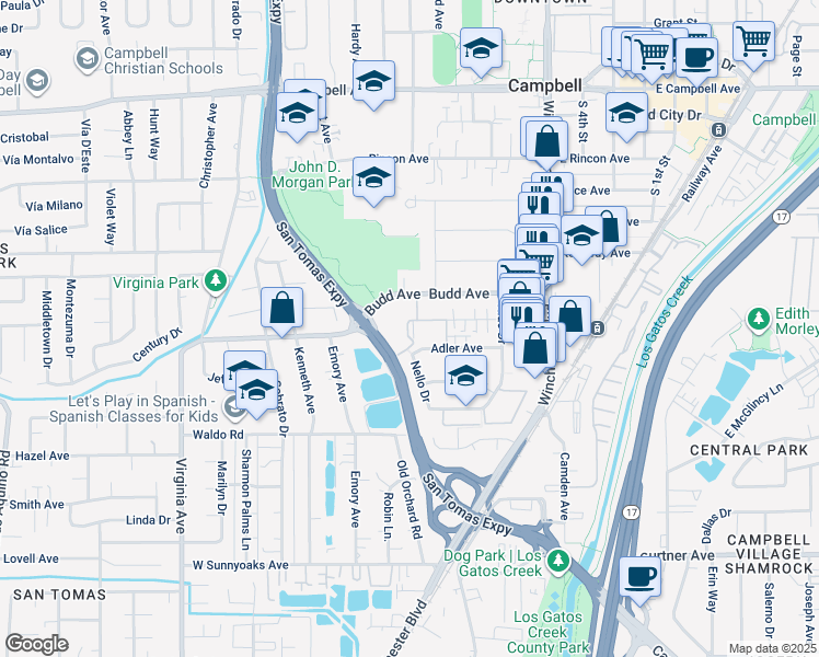 map of restaurants, bars, coffee shops, grocery stores, and more near 350 Budd Avenue in Campbell