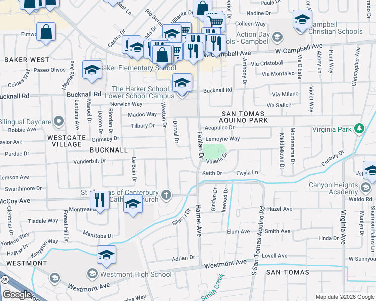 map of restaurants, bars, coffee shops, grocery stores, and more near 2384 South San Tomas Aquino Road in Campbell