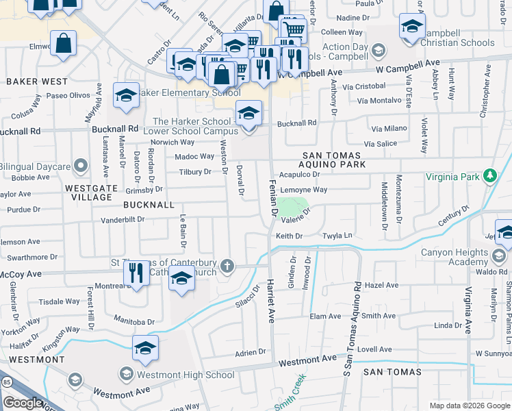 map of restaurants, bars, coffee shops, grocery stores, and more near 2384 South San Tomas Aquino Road in Campbell
