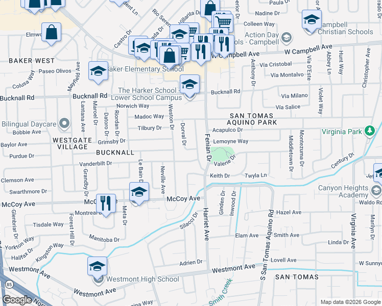 map of restaurants, bars, coffee shops, grocery stores, and more near 4346 Reden Drive in San Jose