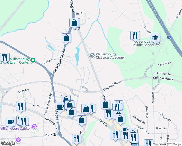 map of restaurants, bars, coffee shops, grocery stores, and more near 256 Zelkova Road in Williamsburg