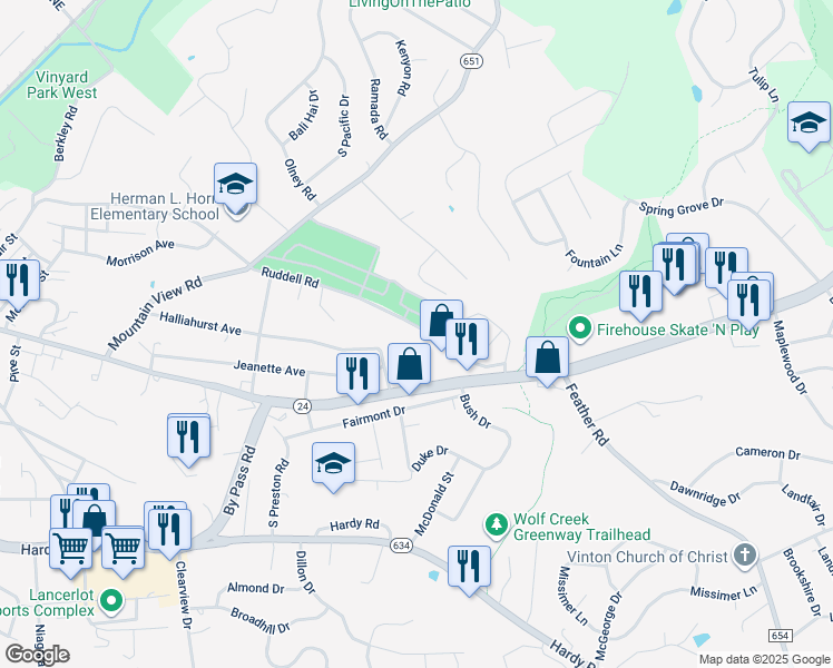 map of restaurants, bars, coffee shops, grocery stores, and more near 1239-1241 Ruddell Road in Vinton