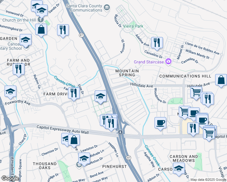 map of restaurants, bars, coffee shops, grocery stores, and more near 530 Mountain Home Drive in San Jose