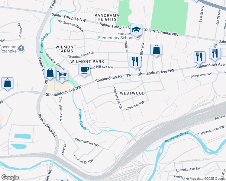 map of restaurants, bars, coffee shops, grocery stores, and more near 3703 Signal Hill Avenue Northwest in Roanoke