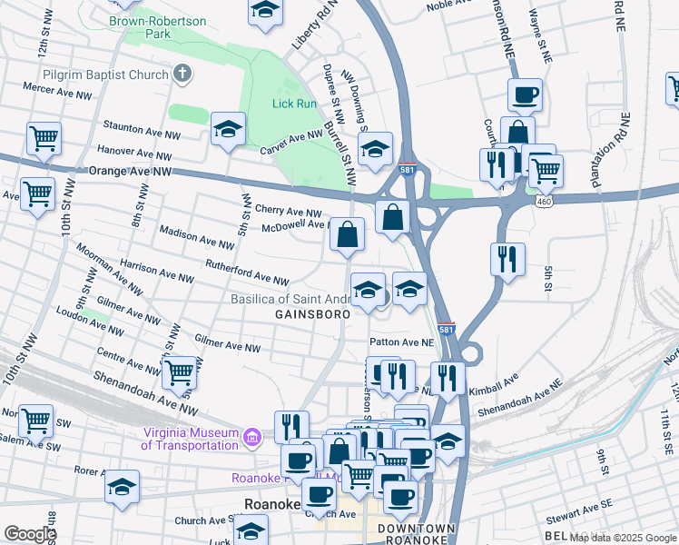 map of restaurants, bars, coffee shops, grocery stores, and more near 206 Madison Avenue Northwest in Roanoke
