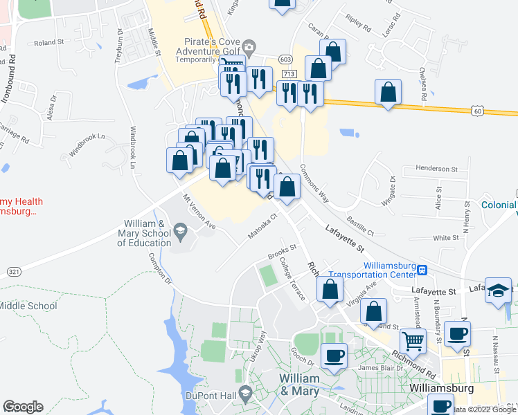 map of restaurants, bars, coffee shops, grocery stores, and more near 1214 Richmond Road in Williamsburg