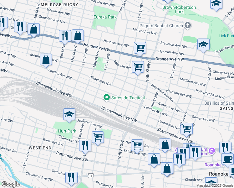 map of restaurants, bars, coffee shops, grocery stores, and more near 1211 Loudon Avenue Northwest in Roanoke