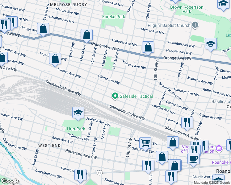 map of restaurants, bars, coffee shops, grocery stores, and more near 1238 Loudon Avenue Northwest in Roanoke