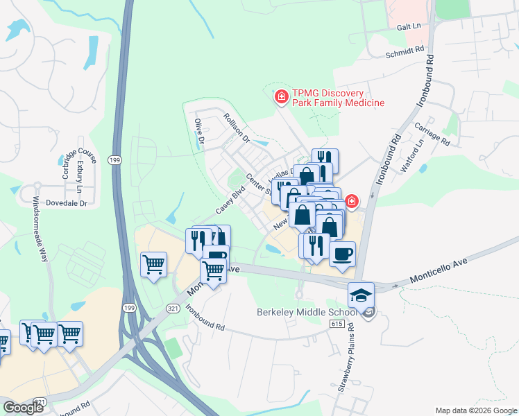map of restaurants, bars, coffee shops, grocery stores, and more near 4306 Lydias Drive in Williamsburg