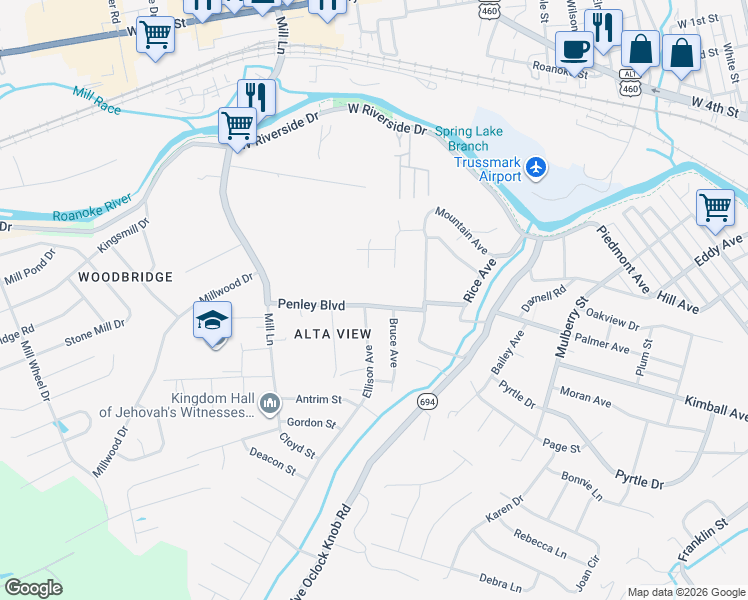 map of restaurants, bars, coffee shops, grocery stores, and more near 1317 Penley Boulevard in Salem