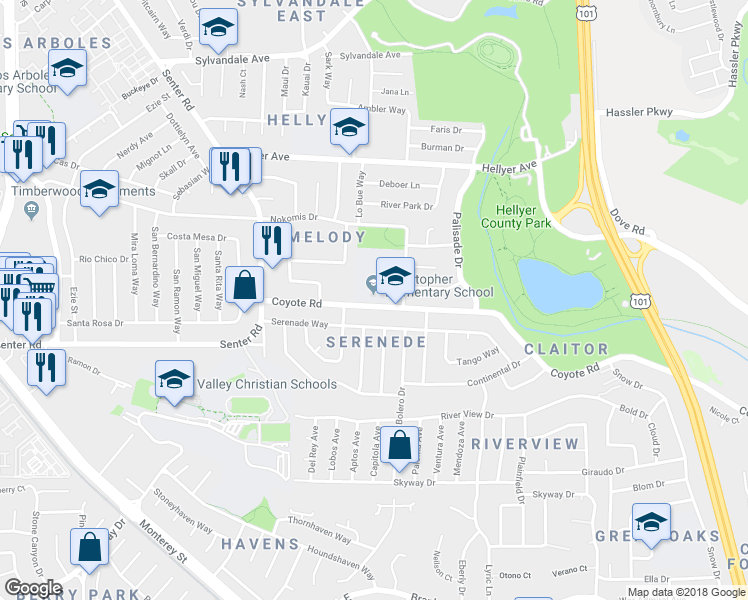 map of restaurants, bars, coffee shops, grocery stores, and more near 565 Coyote Road in San Jose