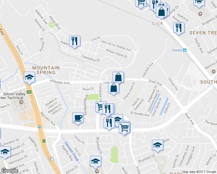 map of restaurants, bars, coffee shops, grocery stores, and more near 3489 Quarry Park Drive in San Jose
