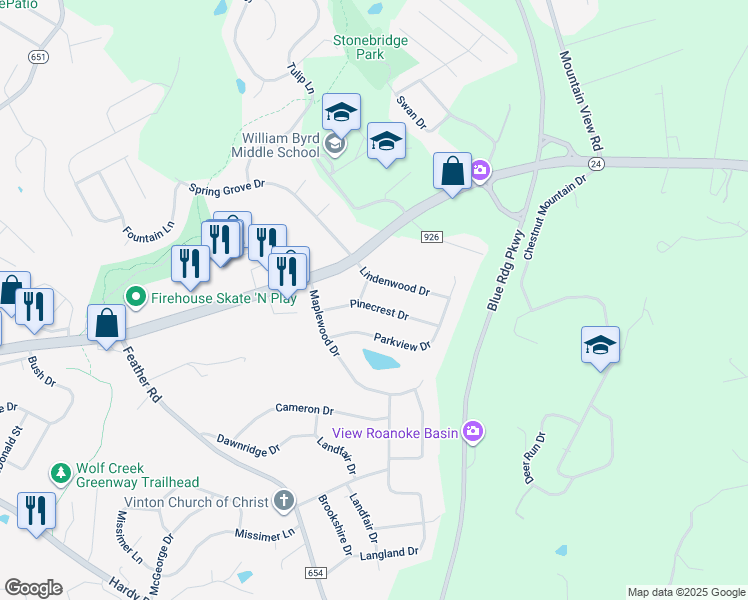 map of restaurants, bars, coffee shops, grocery stores, and more near 2614 Pinecrest Drive in Vinton