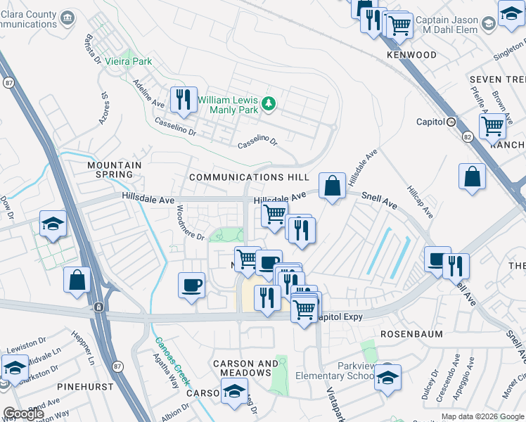 map of restaurants, bars, coffee shops, grocery stores, and more near 465 Stonefield Court in San Jose