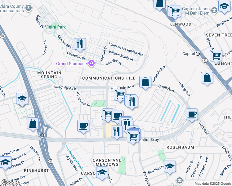 map of restaurants, bars, coffee shops, grocery stores, and more near 3489 Quarry Park Drive in San Jose