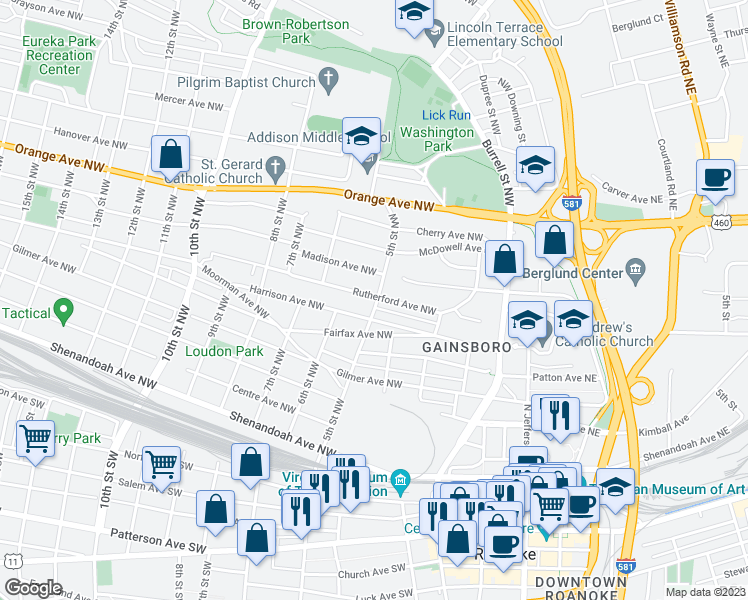 map of restaurants, bars, coffee shops, grocery stores, and more near 502 Rutherford Avenue Northwest in Roanoke