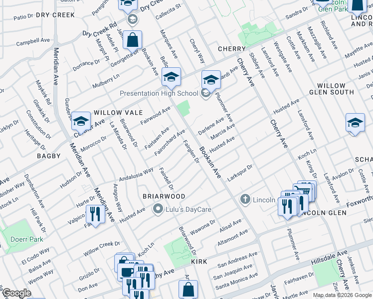 map of restaurants, bars, coffee shops, grocery stores, and more near 1605 Tiffany Way in San Jose