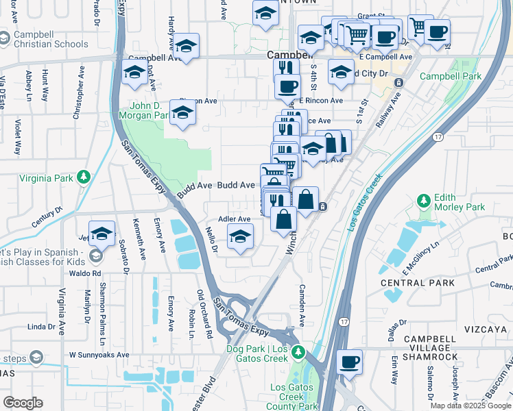 map of restaurants, bars, coffee shops, grocery stores, and more near 130 Wilton Drive in Campbell